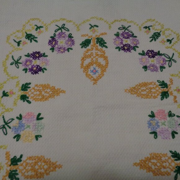 VINTAGE TEXTURED COTTON HAND EMBROIDERED HAND CROCHETED 1950S RUNNER - Picture 8 of 9